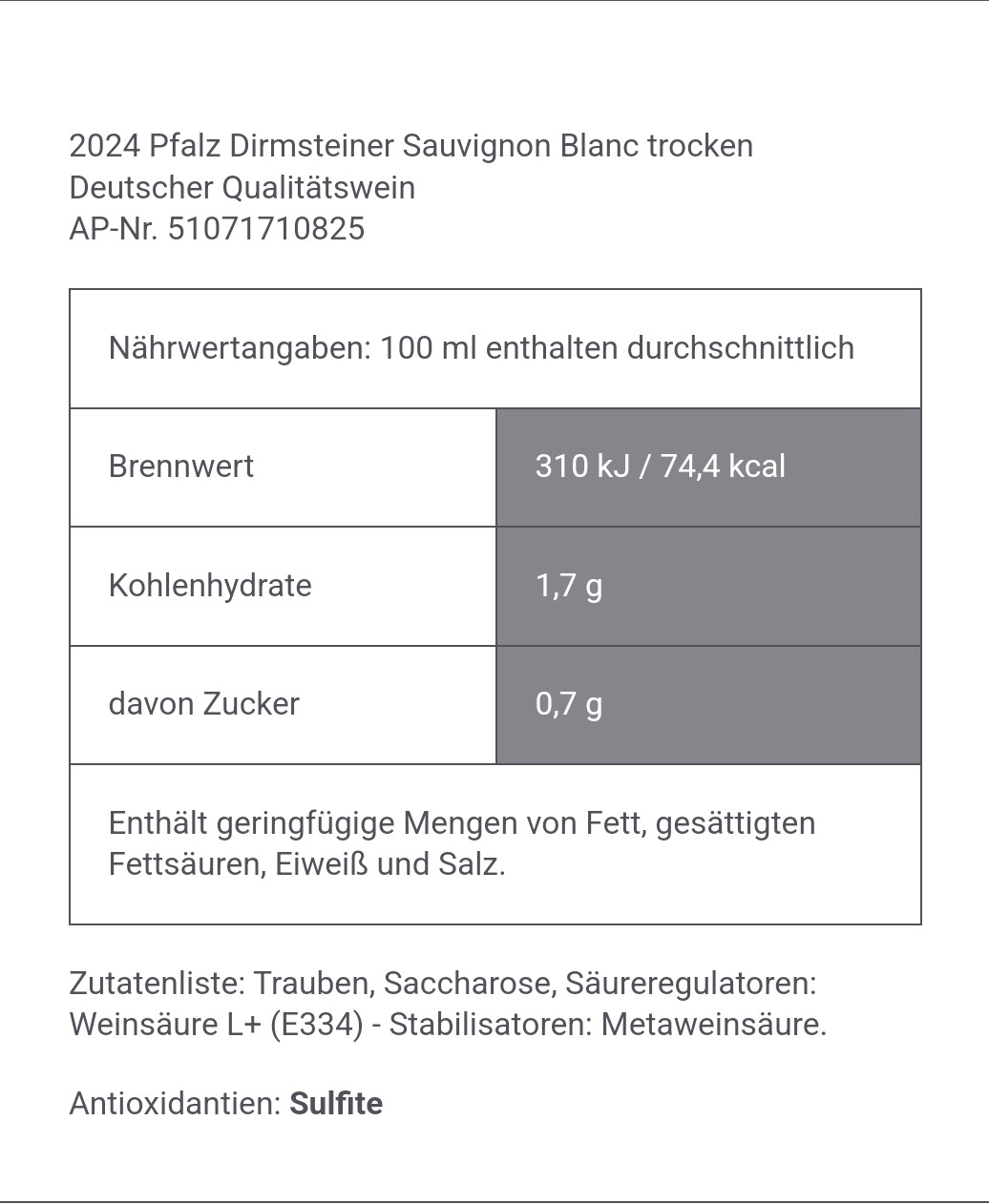 Sauvignon Blanc DQ trocken, Dirmsteiner Schwarzerde, Jesuitenhof, Pfalz