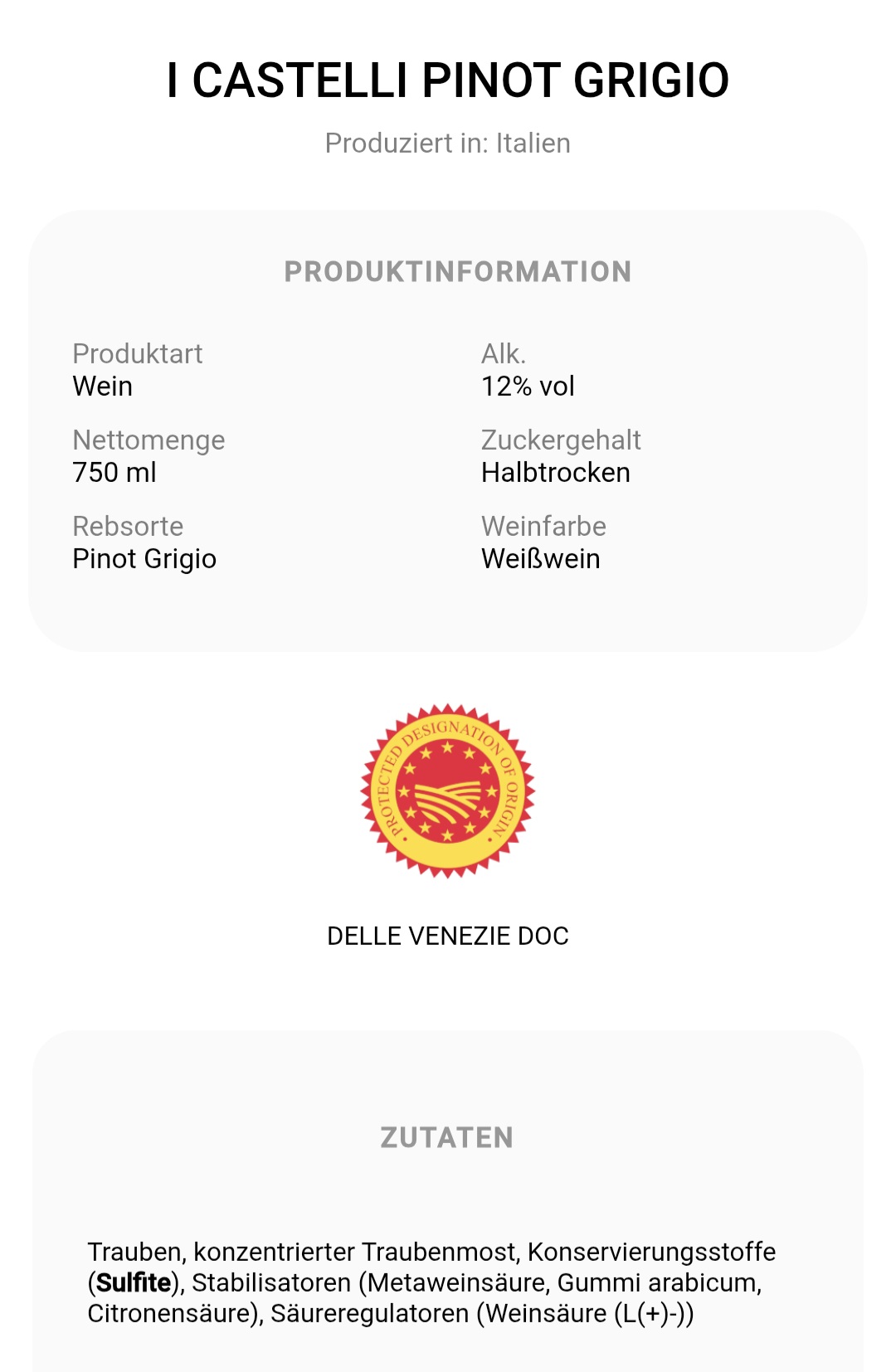 Pinot Grigio, IGT, Romeo & Guilietta, I Castelli, Venetien